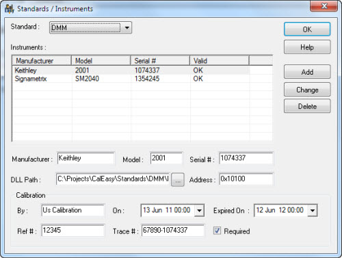 CalEasy Standard Instruments dialog